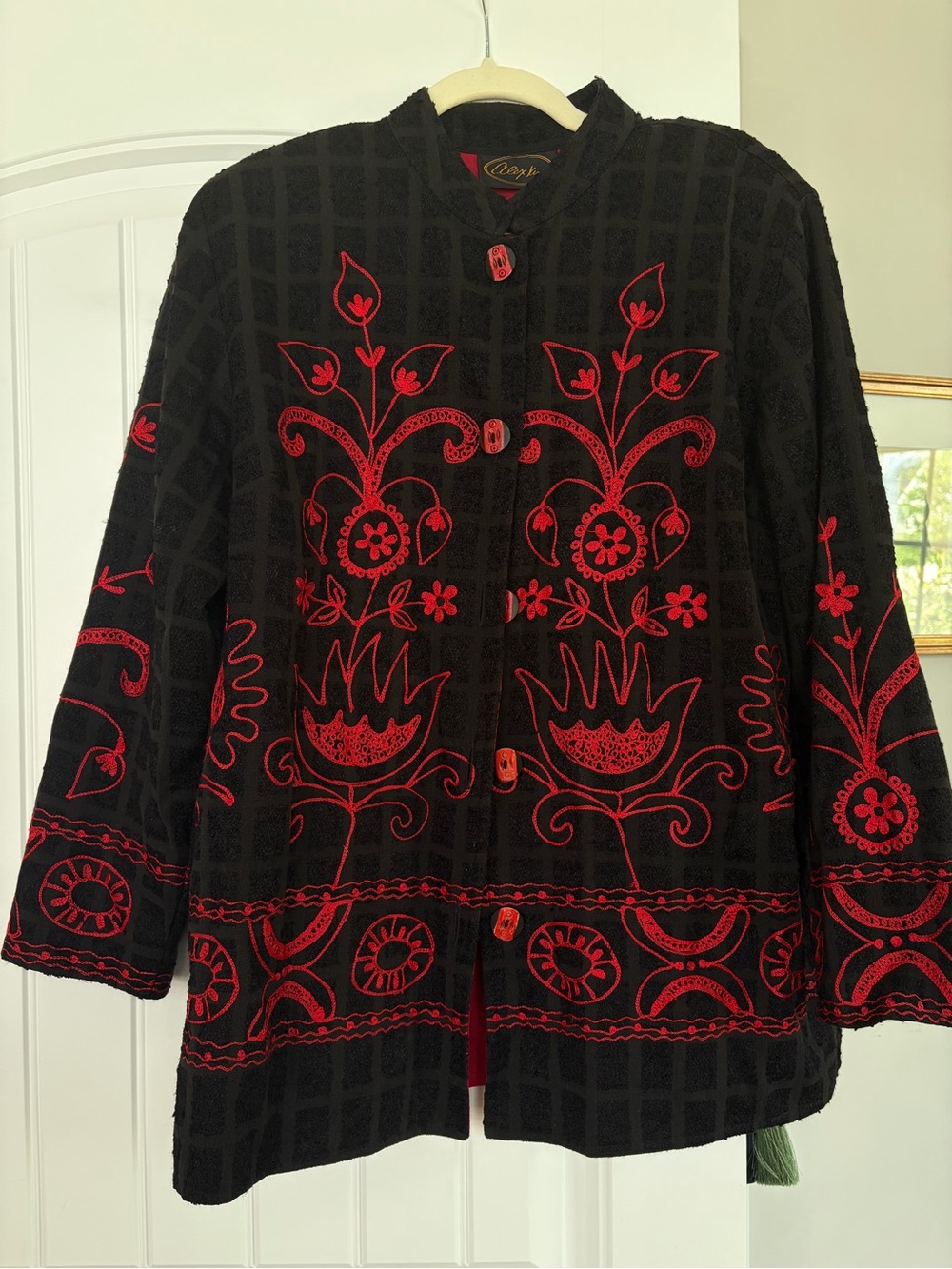 Vintage Black Jacket with Red Floral Embroidery